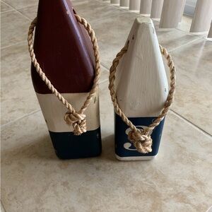 Set of 2 Wooden Nautical Rope Buoy and Decor Set - Red, White, and Blue